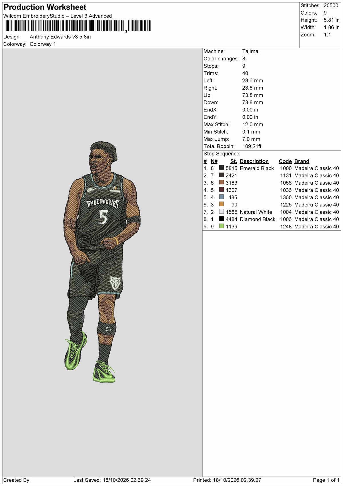 Player 5 Embroidery Machine Design File 6 sizes