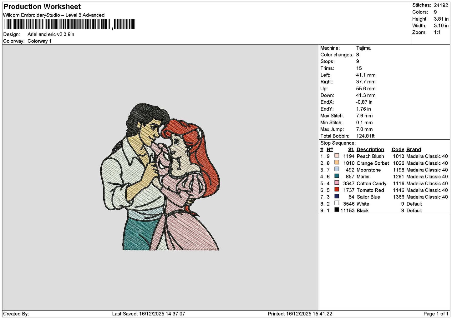 Ariel1612 Embroidery File 6 sizes