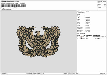 Army Warrant Embroidery File 6 sizes