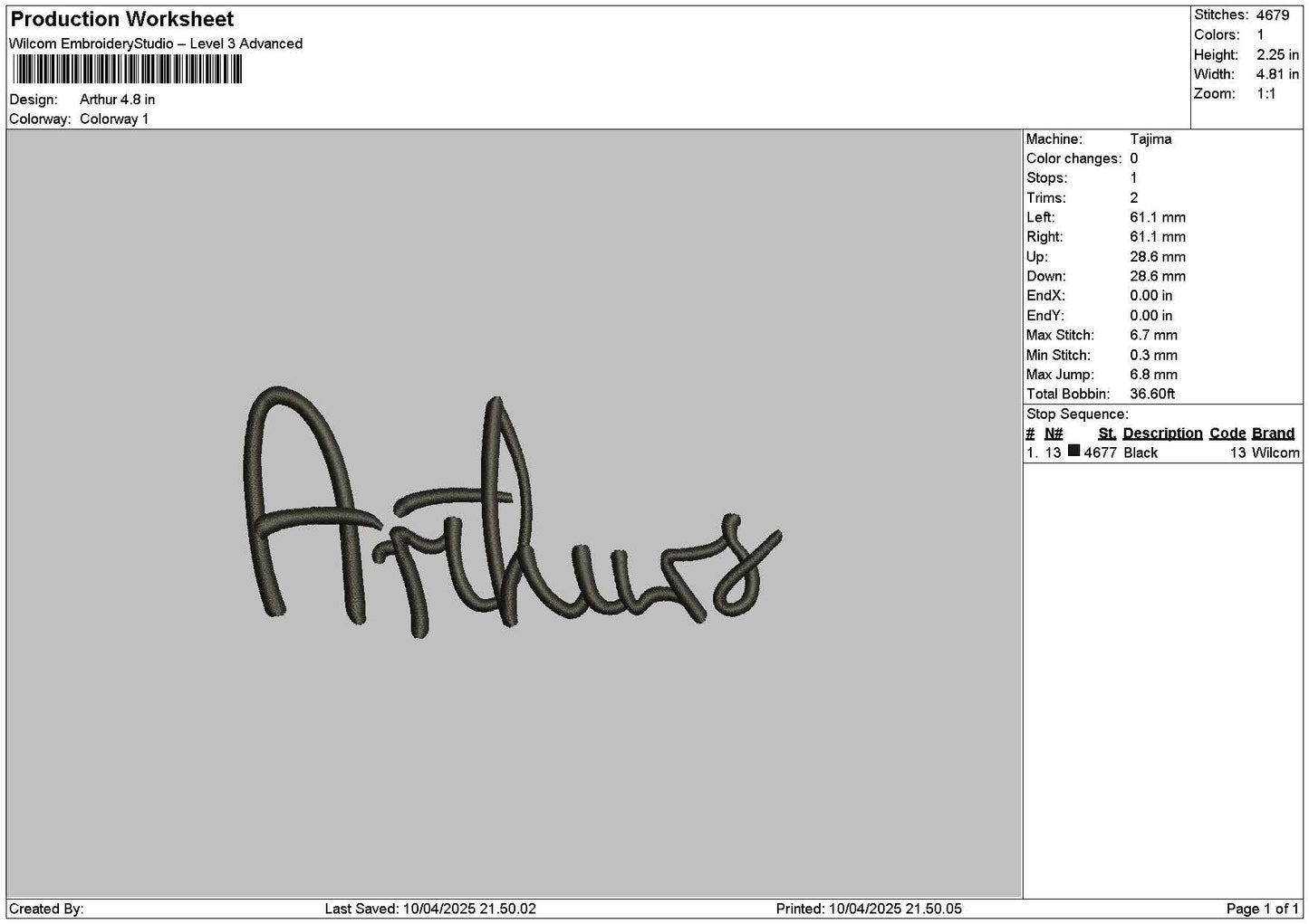 Arthurstext Embroidery File 6 sizes