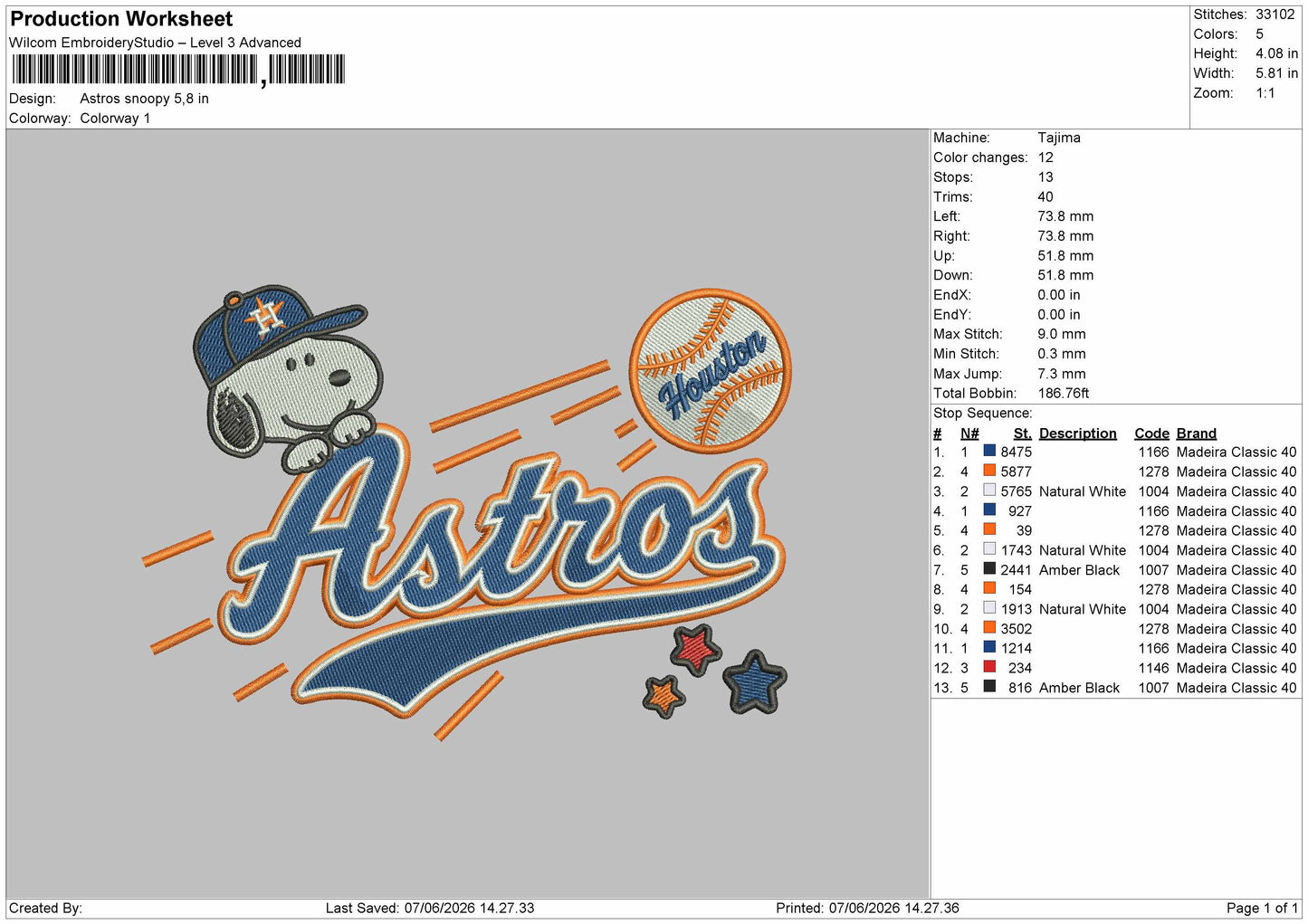 Astros Snoopy 0706 Embroidery File 6 sizes