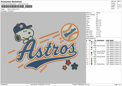 Astros Snoopy 0706 Embroidery File 6 sizes