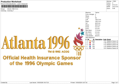 Atlanta 1996 Embroidery File 6 sizes
