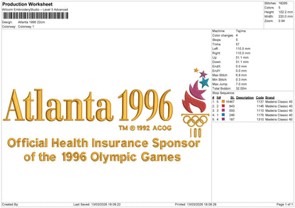 Atlanta 1996 Embroidery File 6 sizes