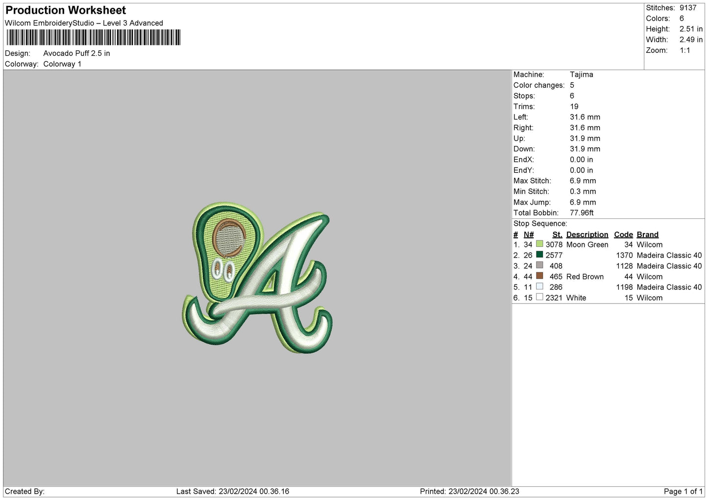 Avocado Puff Embroidery File 6 sizes