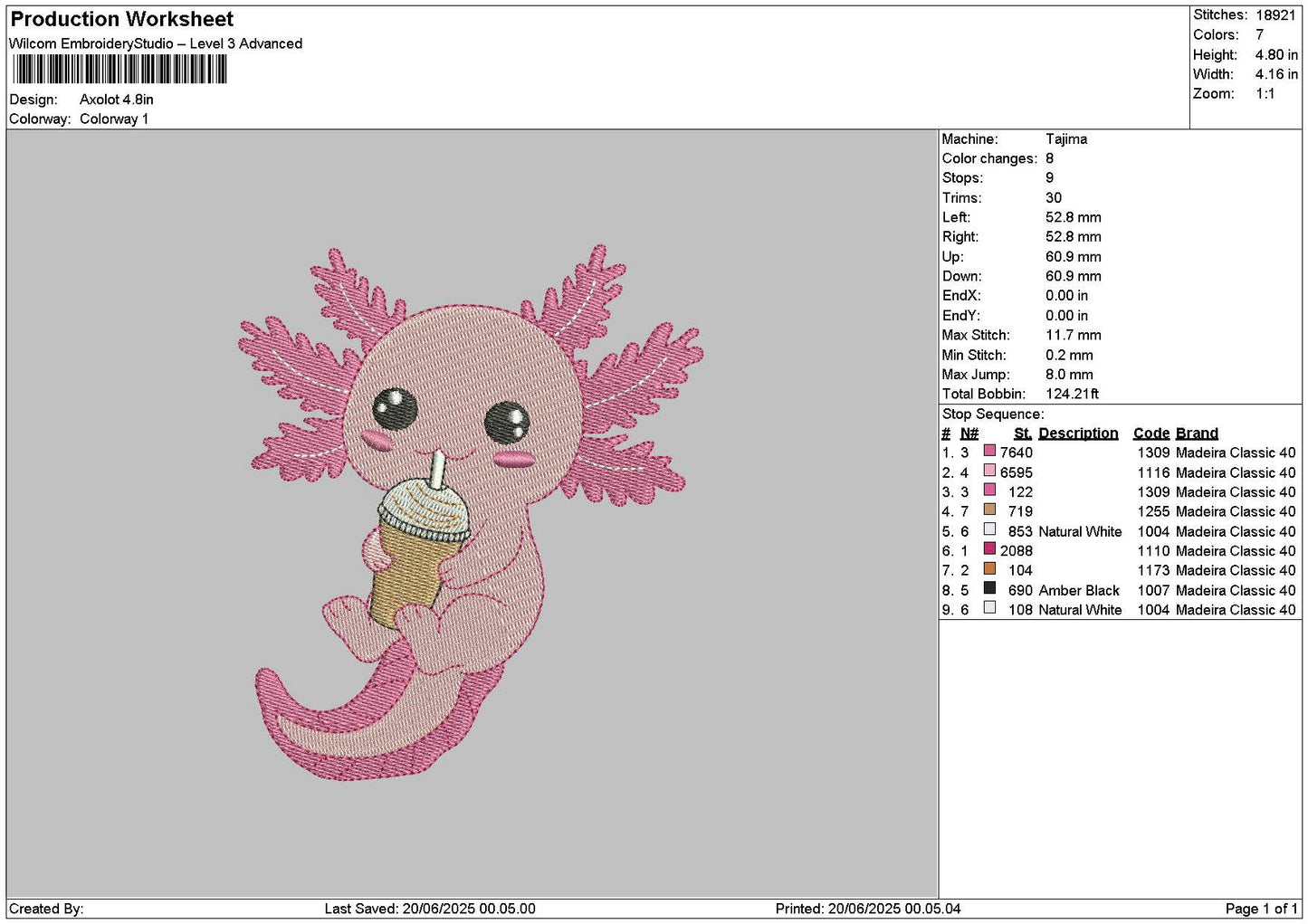 Axolot Embroidery File 6 sizes