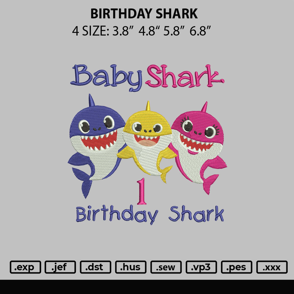 Baby Shark Embroidery Design File 4 size