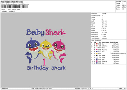 Baby Shark Embroidery Design File 4 size