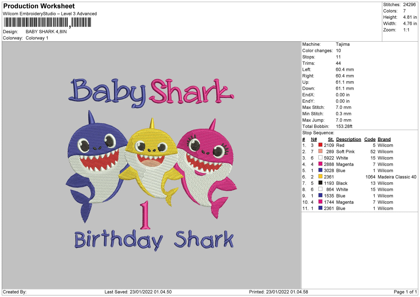 Baby Shark Embroidery Design File 4 size
