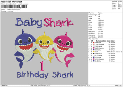 Baby Shark Embroidery Design File 4 size