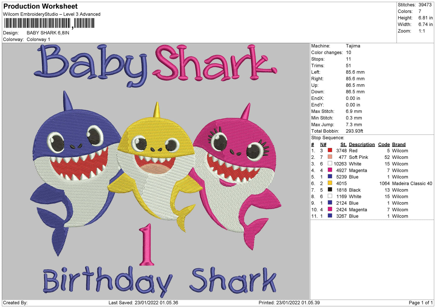 Baby Shark Embroidery Design File 4 size
