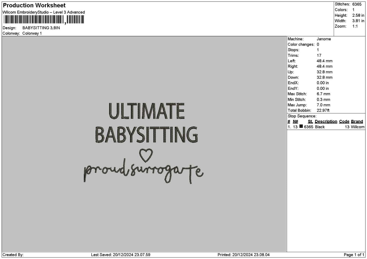 Babysittingtext Embroidery File 6 sizes