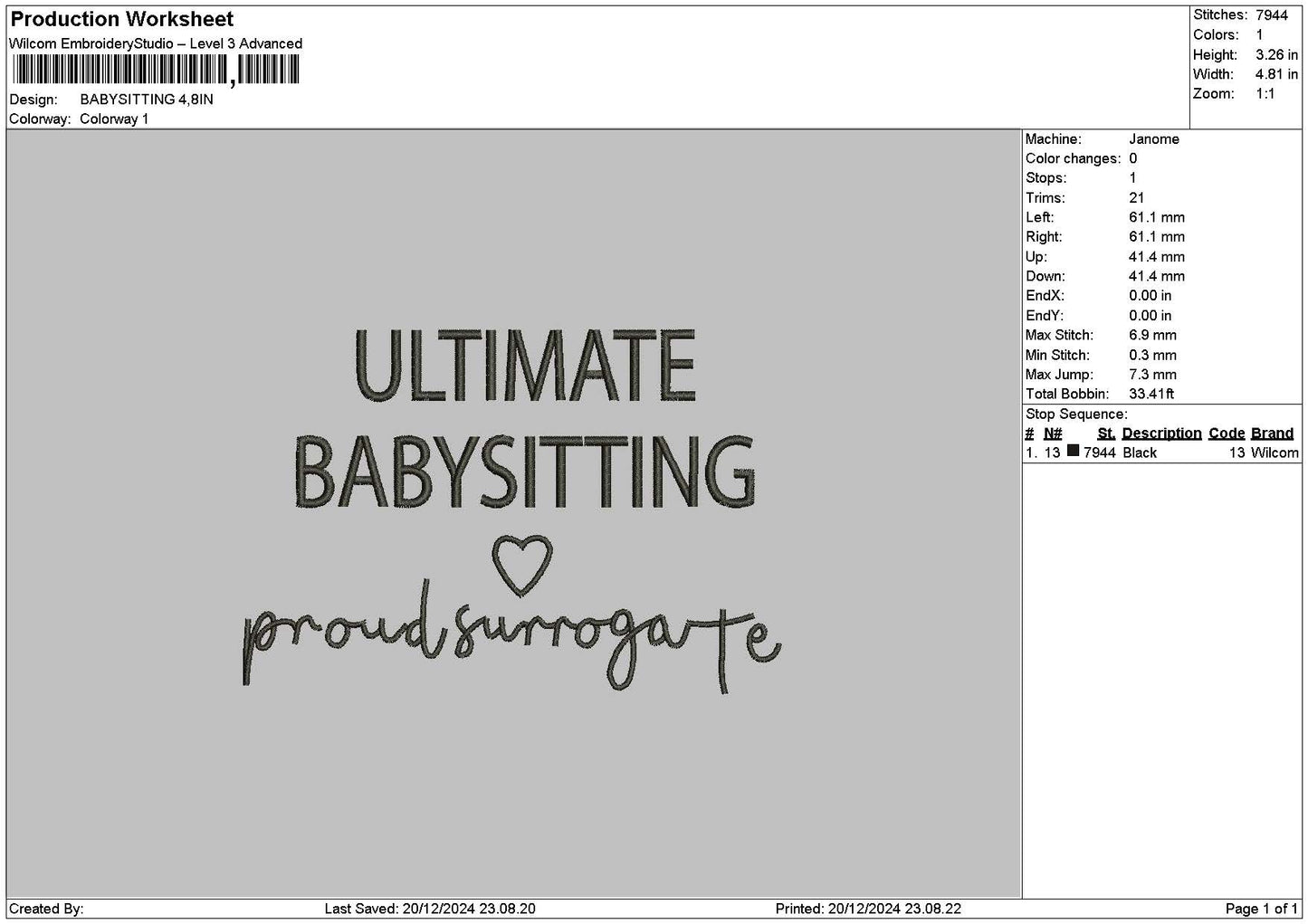 Babysittingtext Embroidery File 6 sizes