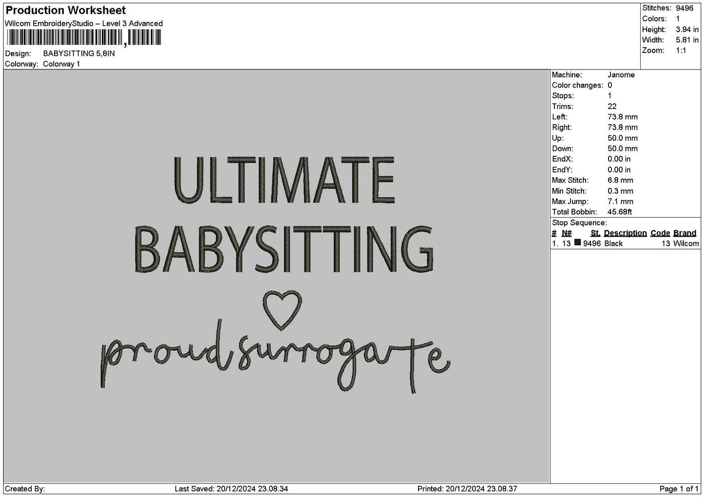 Babysittingtext Embroidery File 6 sizes