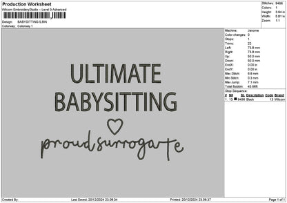 Babysittingtext Embroidery File 6 sizes