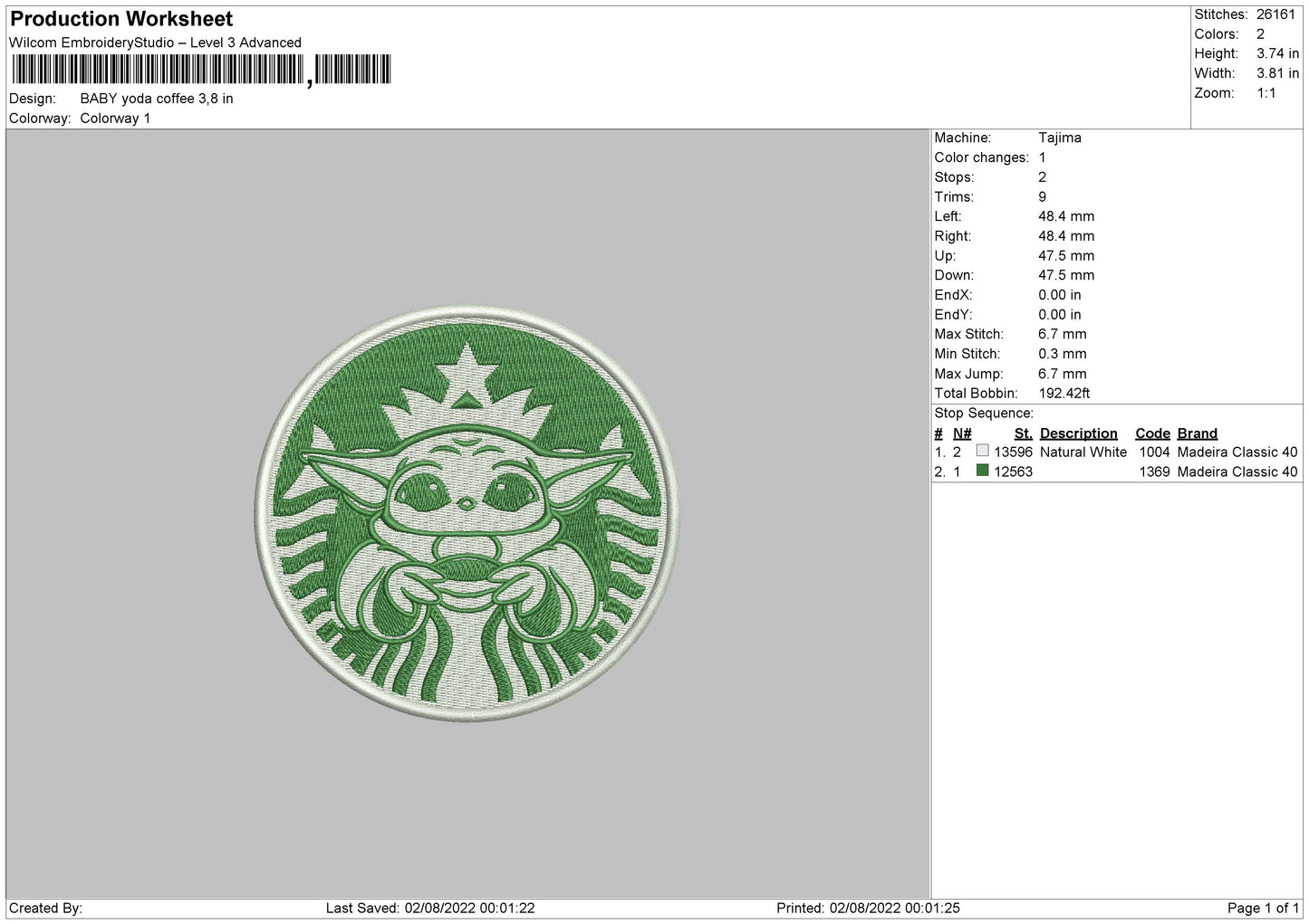 Baby Yoda Coffee Embroidery File 5 sizes