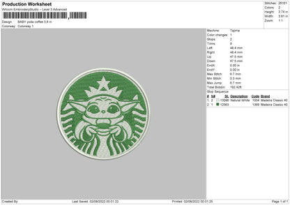 Baby Yoda Coffee Embroidery File 5 sizes