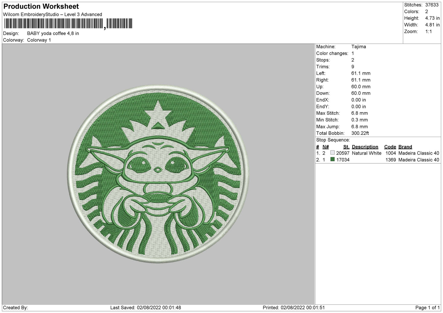 Baby Yoda Coffee Embroidery File 5 sizes