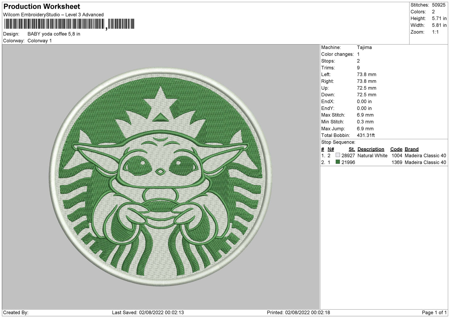 Baby Yoda Coffee Embroidery File 5 sizes
