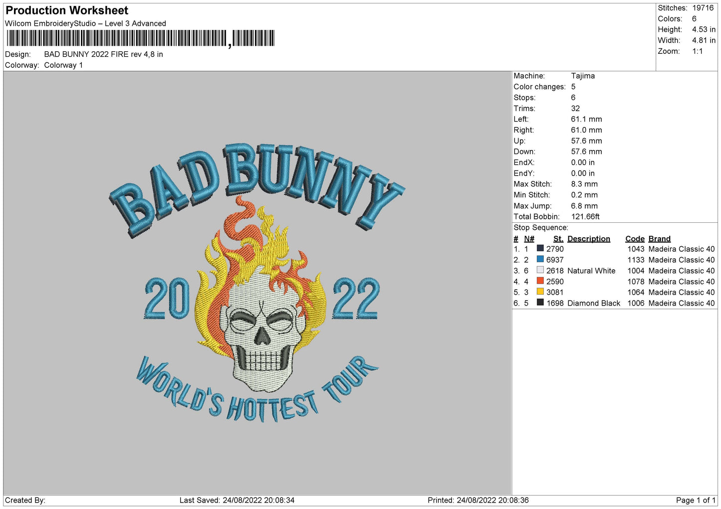 Bad Bunny 2022 Embroidery File 4 size