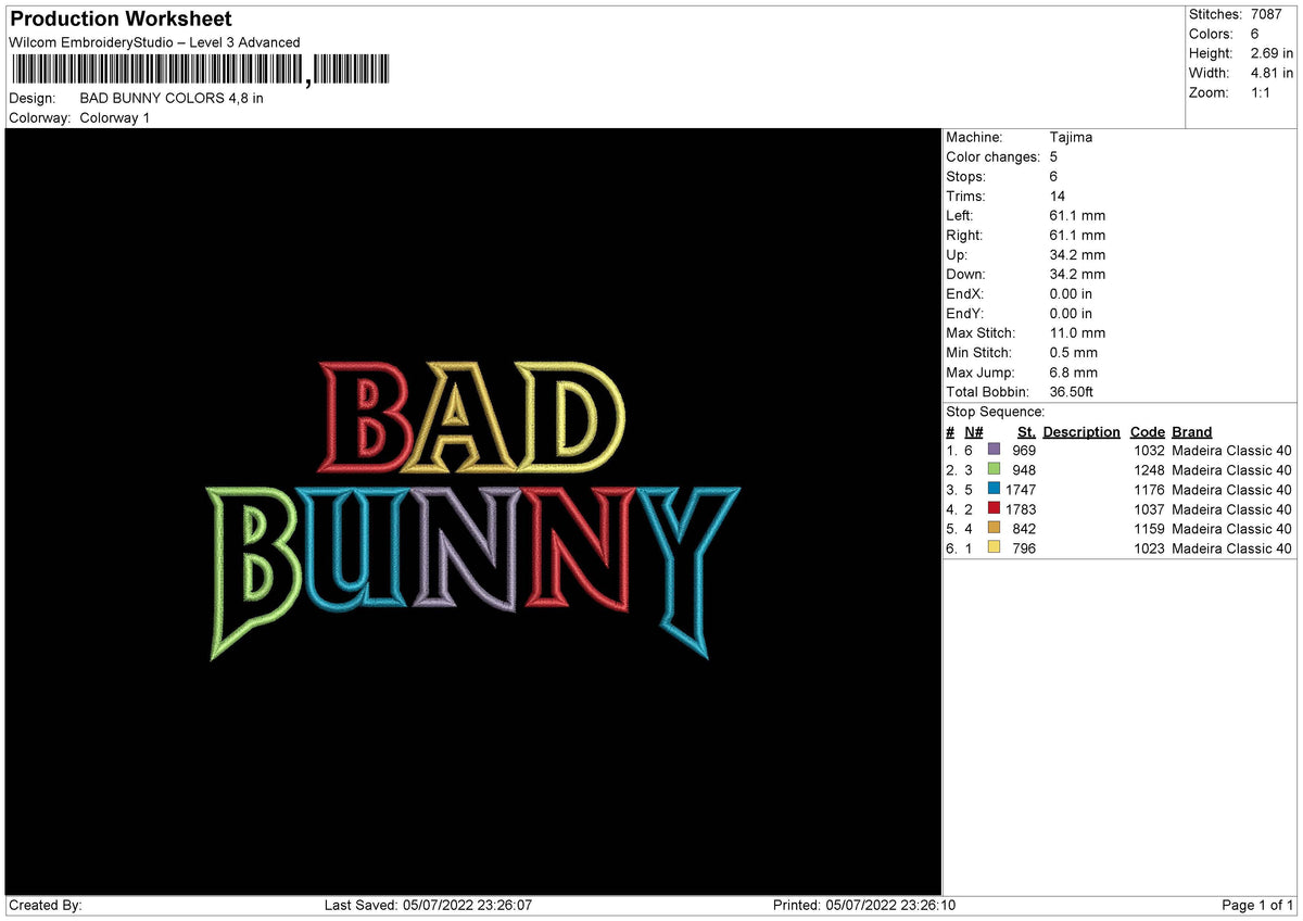 Bad Bunny Colors Text Embroidery File 4 sizes – Master Digitizer