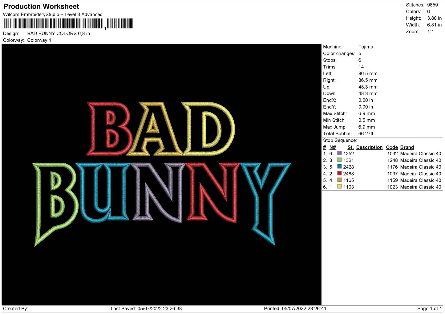 Bad Bunny Colors Text Embroidery File 4 sizes