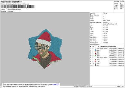 Bad Bunny Xmas Embroidery File 4 size