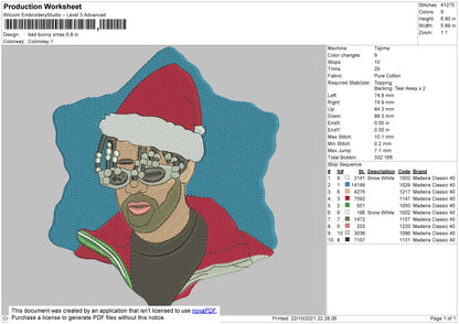 Bad Bunny Xmas Embroidery File 4 size