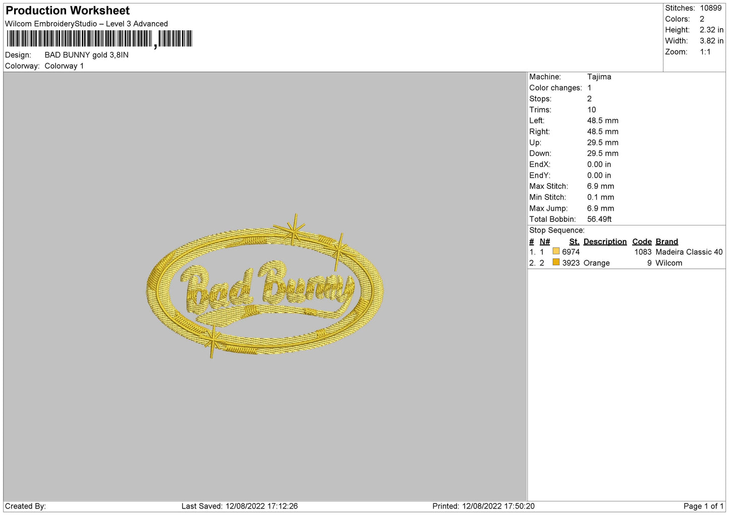 Bad Bunny Gold Embroidery File 5 sizes