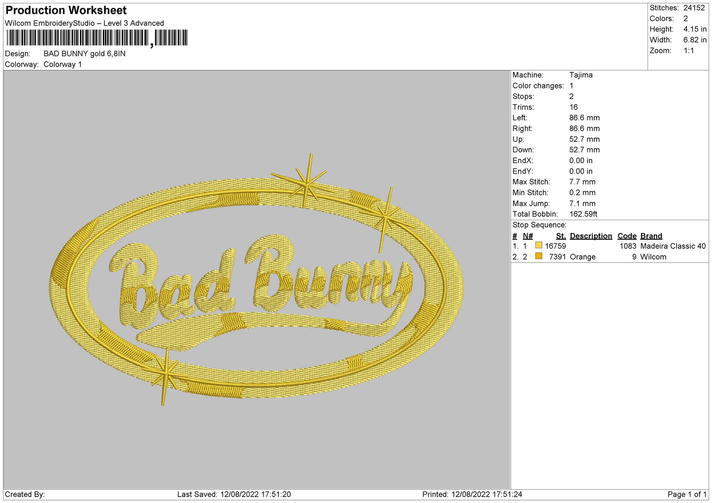 Bad Bunny Gold Embroidery File 5 sizes