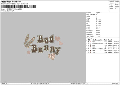 Bad Bunny Hearts Embroidery File 5 sizes