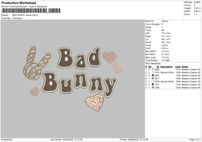 Bad Bunny Hearts Embroidery File 5 sizes