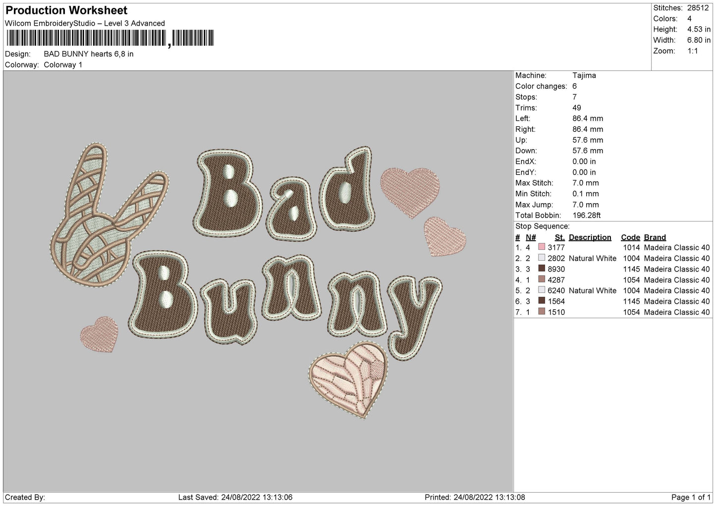 Bad Bunny Hearts Embroidery File 5 sizes