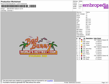 Bad Bunny Stadiums Embroidery File 4 size