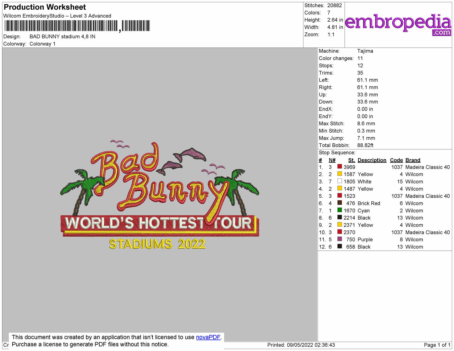 Bad Bunny Stadiums Embroidery File 4 size