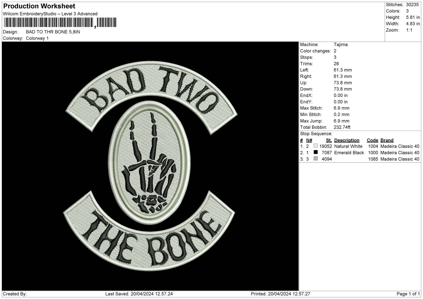 Bad Two The Bone Embroidery File 6 sizes
