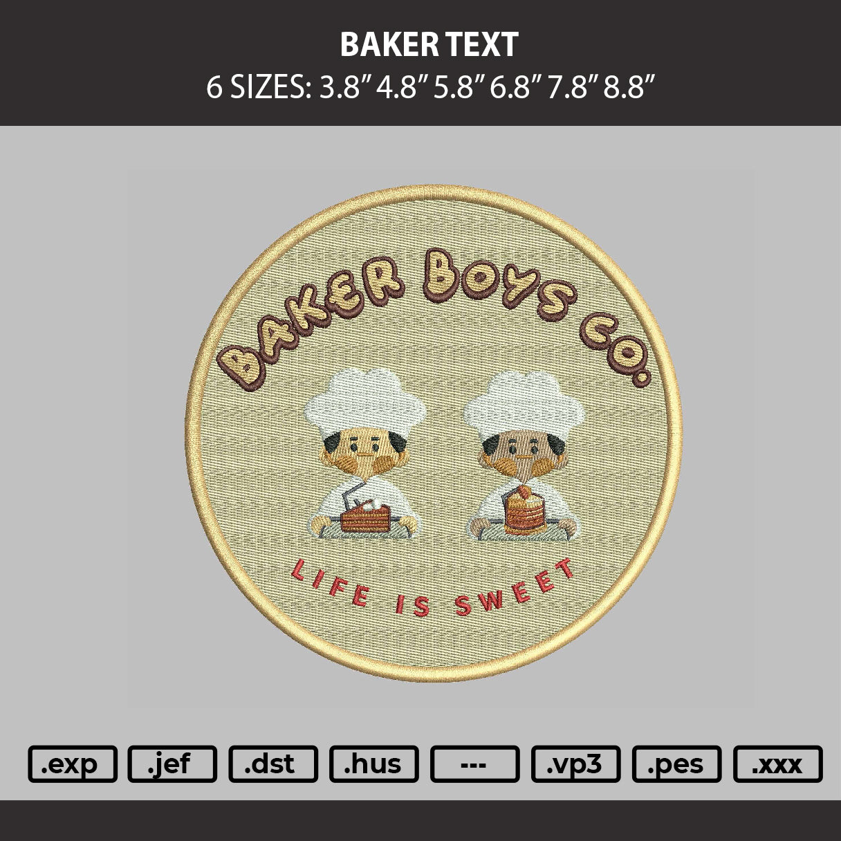 Baker Text Embroidery Machine Design File 6 sizes