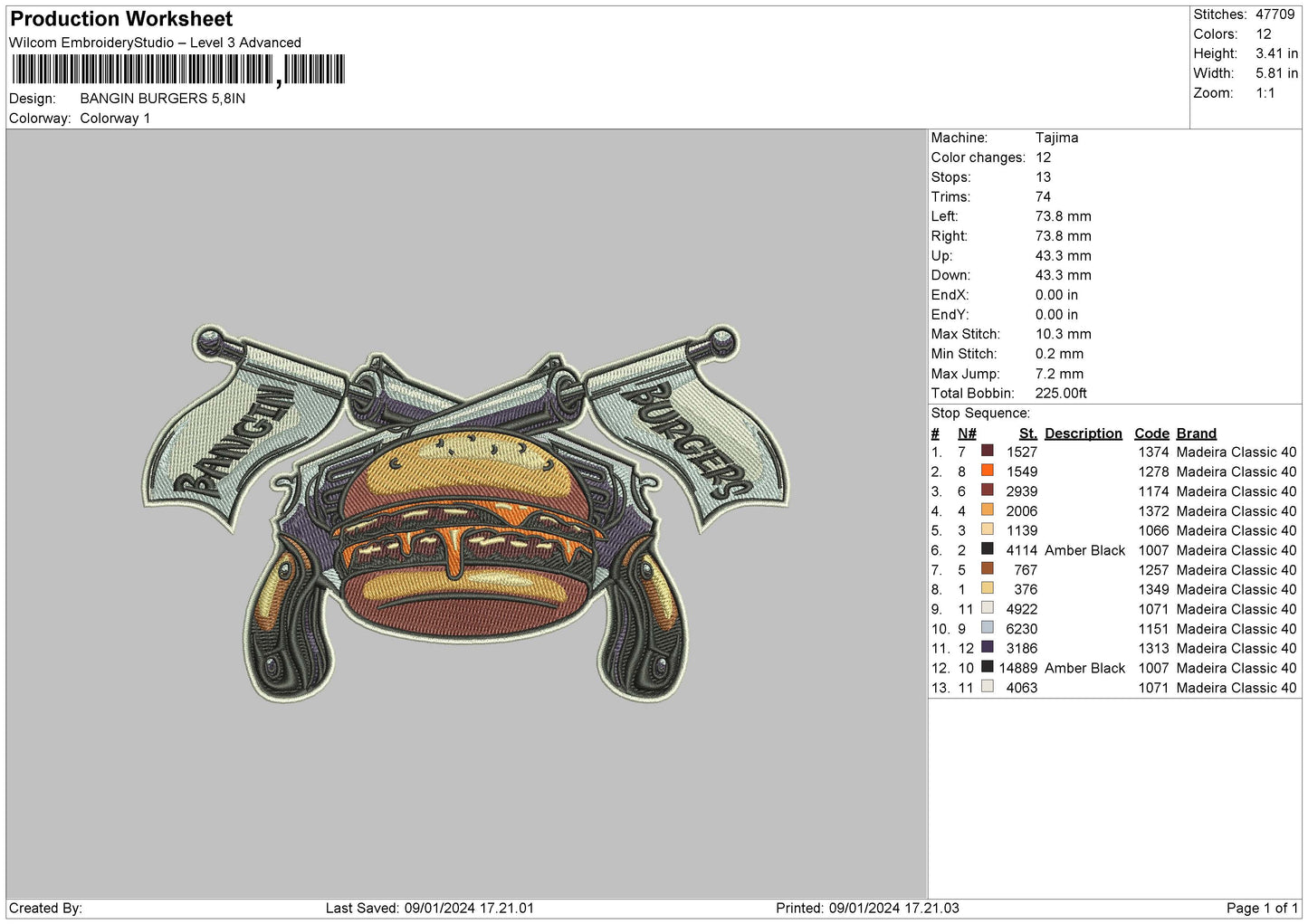 Burgers Embroidery File 6 sizes