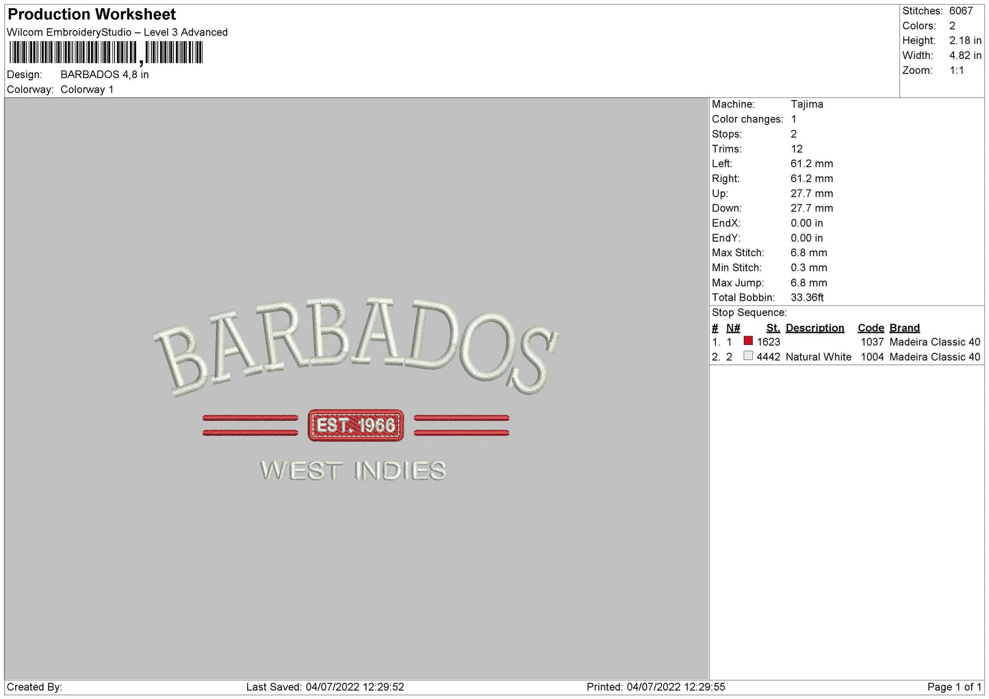 Barados Embroidery File 4 sizes