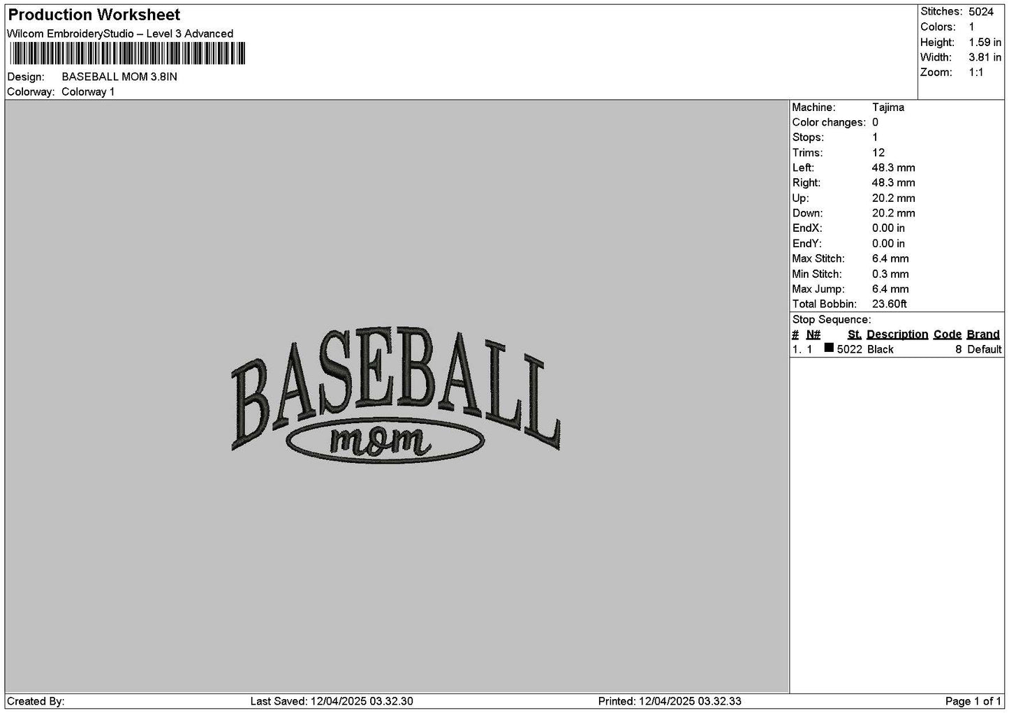 Baseballtext 1204 Embroidery File 6 sizes