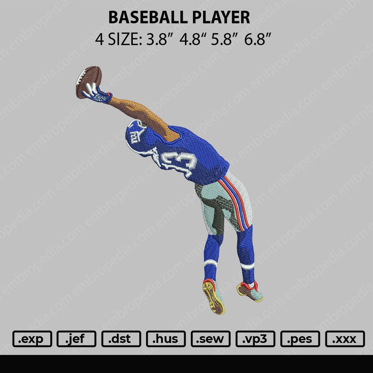 Baseball Player Embroidery Design File 4 size