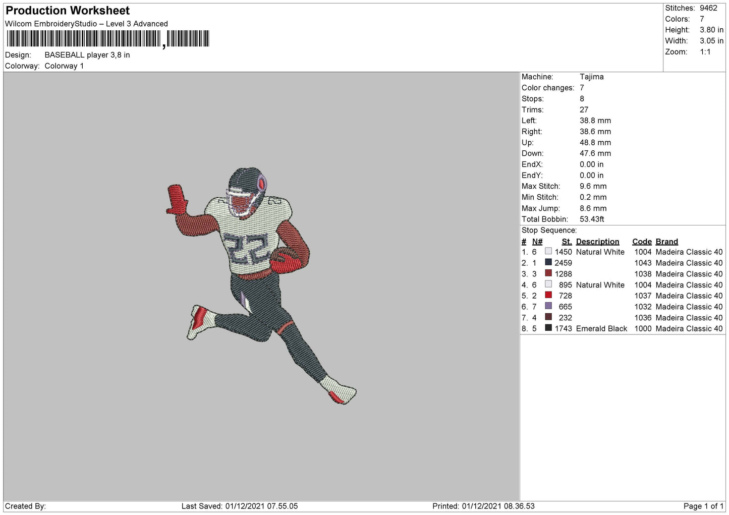 Baseball Player Embroidery Design File 4 size
