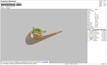Swoosh Baby Yoda 02 Embroidery File 4 size