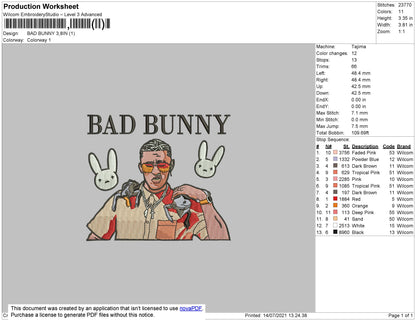 Bad Bunny Image Embroidery File 4 size