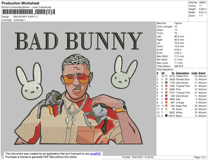 Bad Bunny Image Embroidery File 4 size