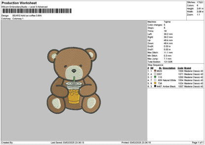 Bear Coffee Embroidery File 6 sizes