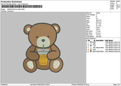 Bear Coffee Embroidery File 6 sizes