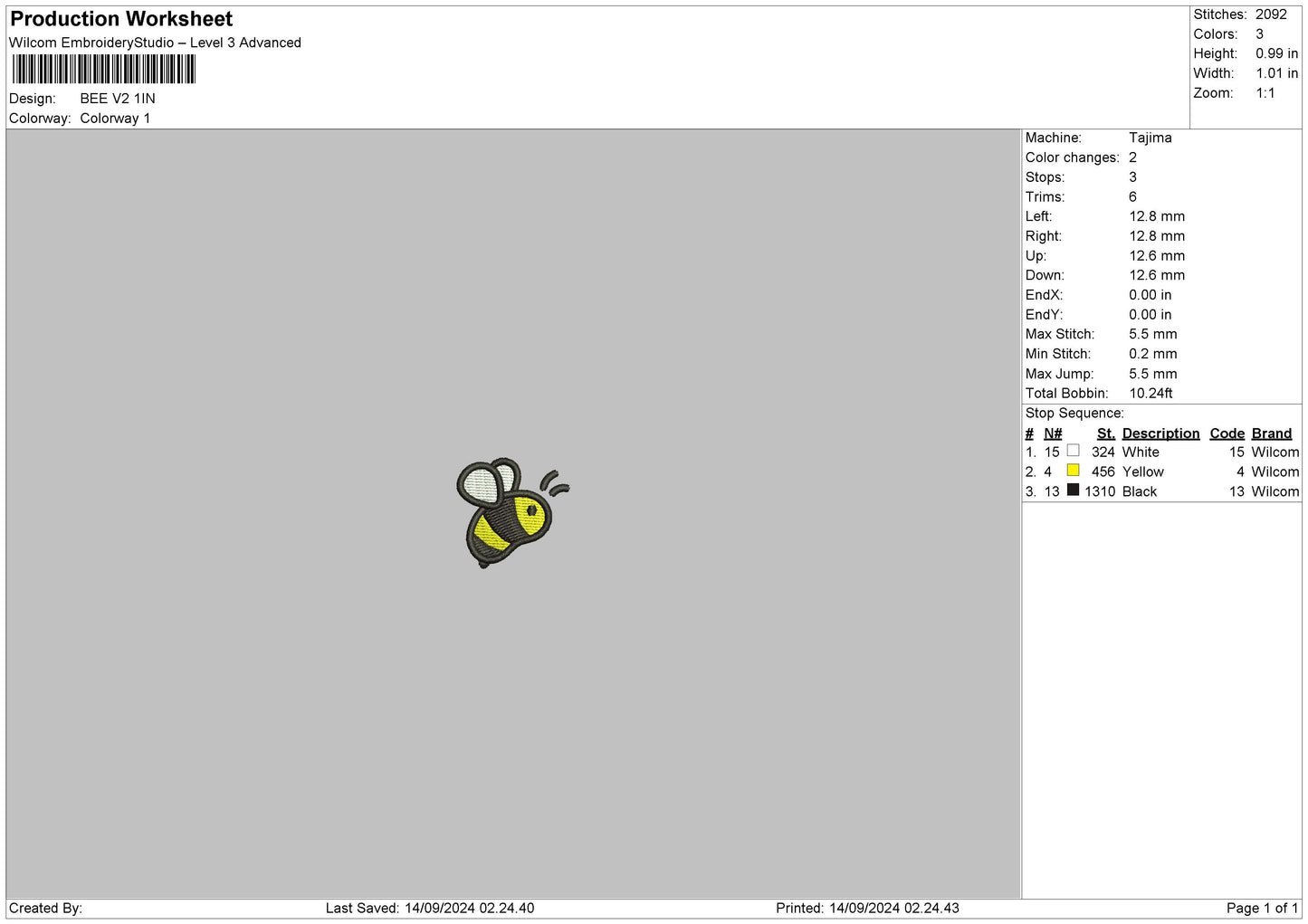 Bee V2 Embroidery File 6 sizes