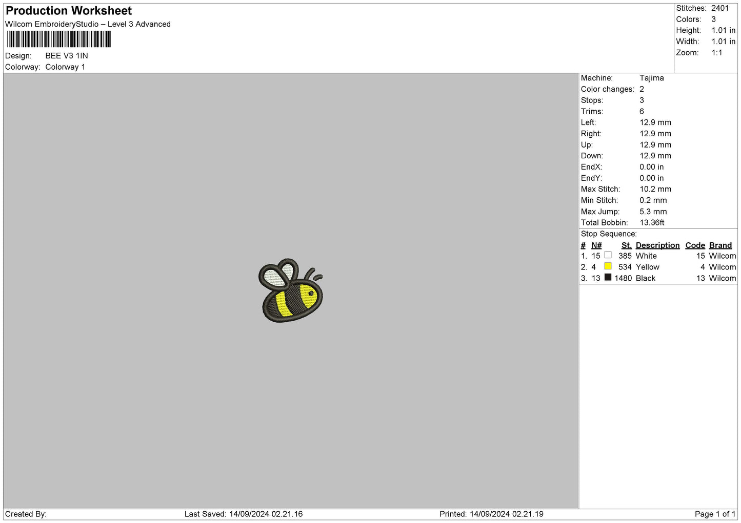 Bee V3 Embroidery File 6 sizes