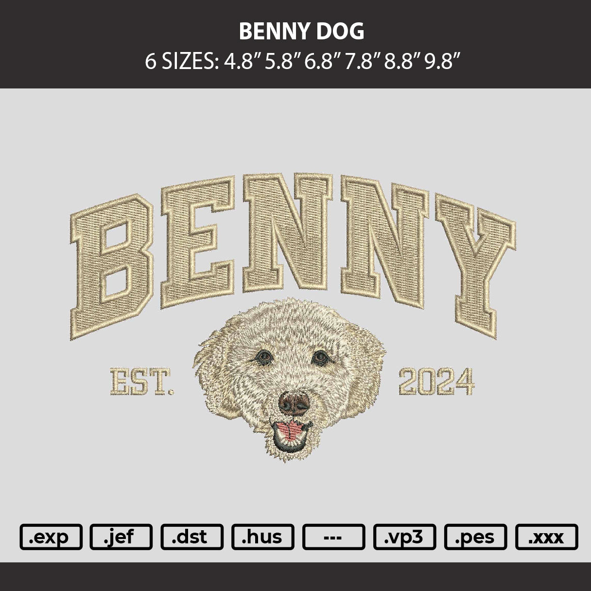 Benny Dog Embroidery Machine Design File 6 sizes